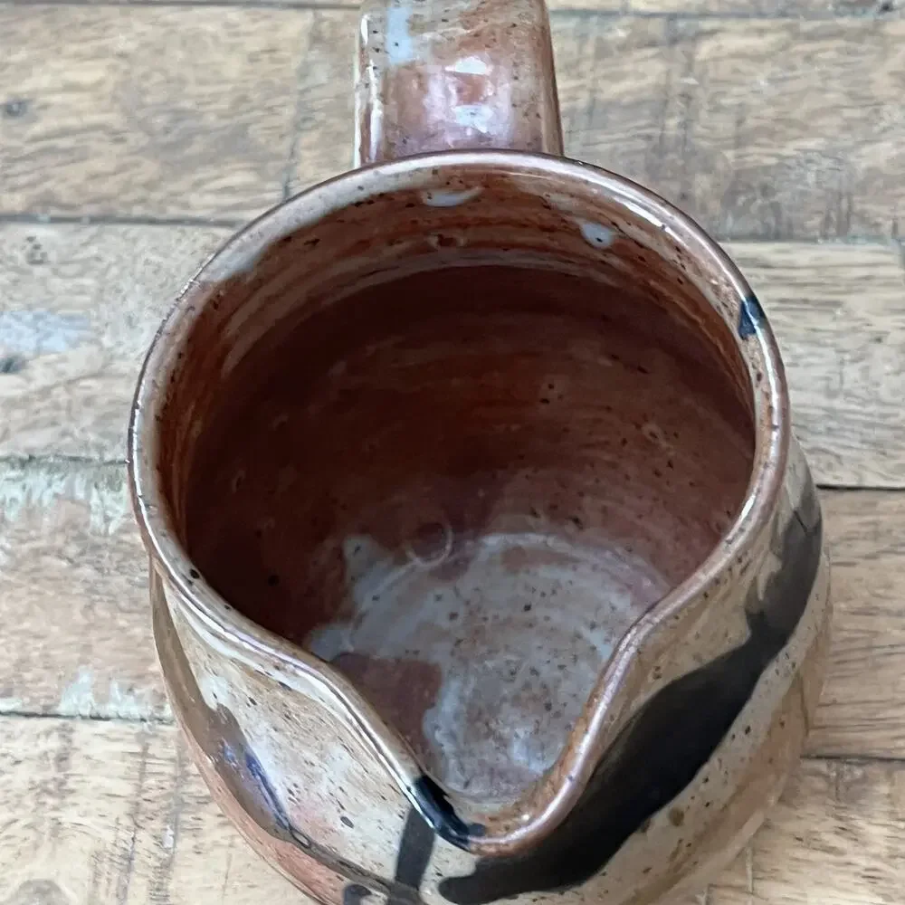 Art Studio Pottery Creamer Pitcher 4.5 in Rustic Texture Orange Tan & Blue Glaze